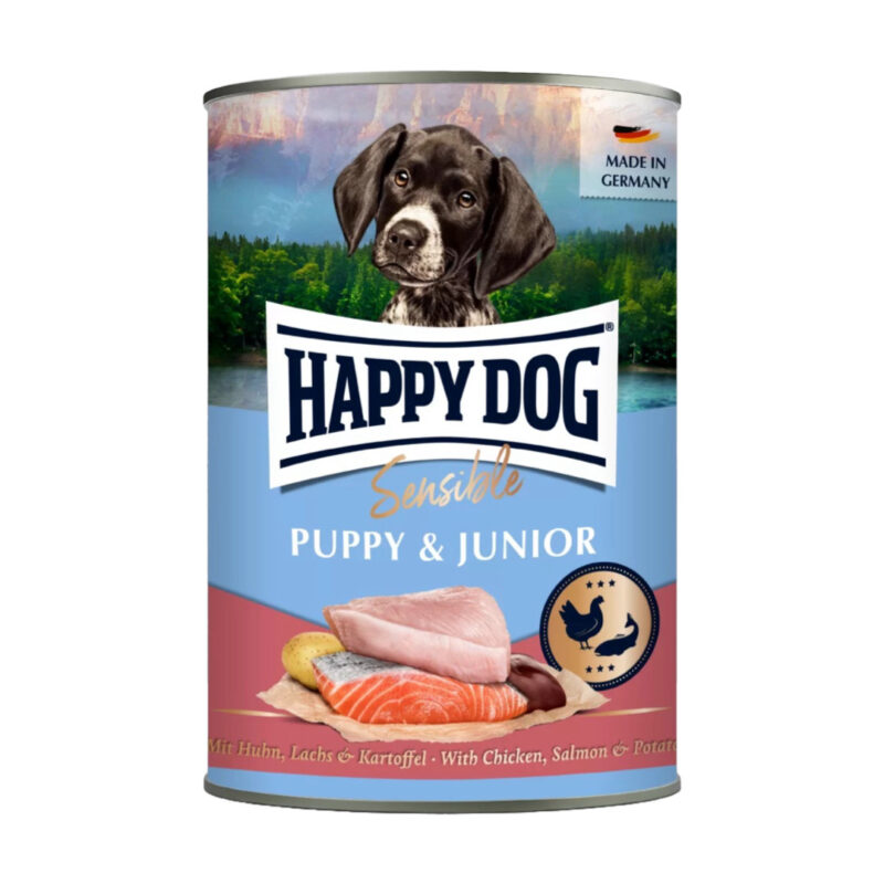 Happy Dog Puppy/Junior Kylling, Laks & ris Vådfoder 400g
